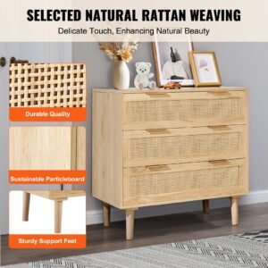 3 drawer rattan dresser, natural rattan closet dresser with 3 drawers, modern wood chest clothing organizer & storage boho dresser with sturdy handles & legs, for bedroom, living room & hallway