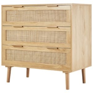 3 Drawer Rattan Dresser, Natural Rattan Closet Dresser with 3 Drawers, Modern Wood Chest Clothing Organizer & Storage Boho Dresser with Sturdy Handles & Legs, for Bedroom, Living Room & Hallway
