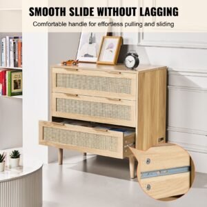 3 drawer rattan dresser, natural rattan closet dresser with 3 drawers, modern wood chest clothing organizer & storage boho dresser with sturdy handles & legs, for bedroom, living room & hallway