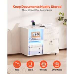 3 drawer wooden file cabinet, mobile filing cabinet with light strip, lockable rolling file storage with adjustable shelves & 5 wheels, free standing printer stand for home office school, white