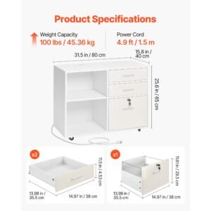 3 drawer wooden file cabinet, mobile filing cabinet with light strip, lockable rolling file storage with adjustable shelves & 5 wheels, free standing printer stand for home office school, white