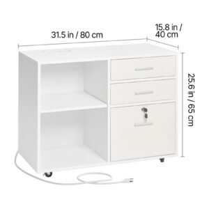 3 drawer wooden file cabinet, mobile filing cabinet with light strip, lockable rolling file storage with adjustable shelves & 5 wheels, free standing printer stand for home office school, white