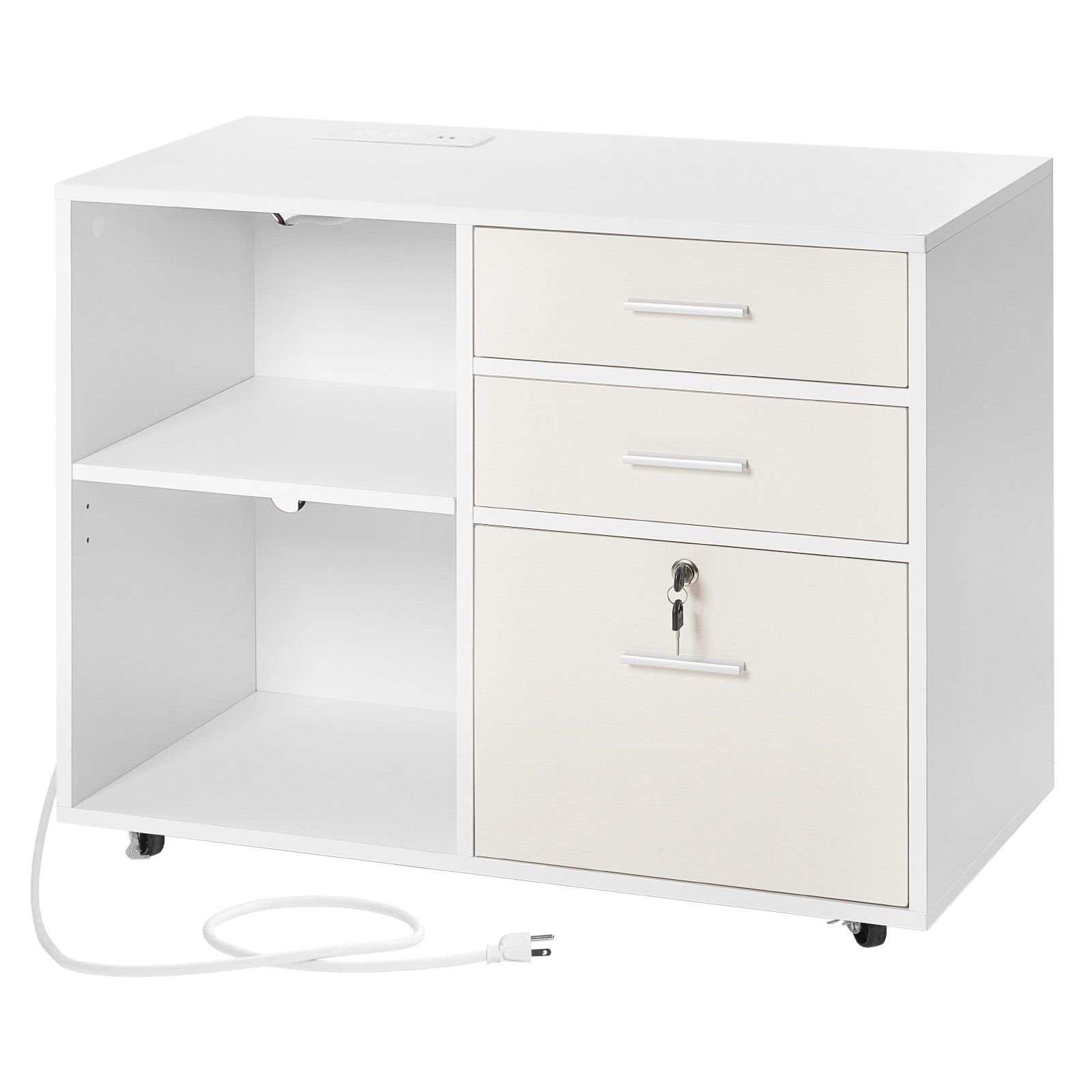 3 drawer wooden file cabinet, mobile filing cabinet with light strip, lockable rolling file storage with adjustable shelves & 5 wheels, free standing printer stand for home office school, white