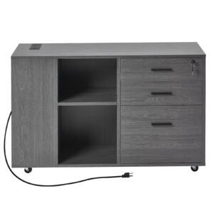 3 Drawer Wooden File Cabinet, Mobile Filing Cabinet with Power Strip, Lockable Rolling File Storage with Adjustable Shelves & 5 Wheels, Floor Standing Printer Stand for Home Office School, Gray