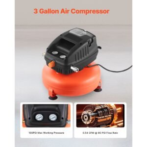 3 gallon air compressor, 1/3hp 0.54cfm @ 90psi portable pancake air compressor & 100psi max working pressure, oil free compressor tank for tire inflation, spray painting, woodwork nailing, 120v