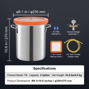 3 gallon vacuum chamber, upgraded tempered glass lid vacuum degassing chamber, 304 stainless steel chamber, for stabilizing wood, resin degassing, silicone degassing and plaster degassing