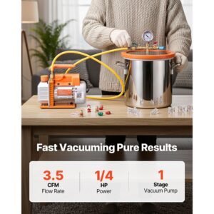 3 gallon vacuum chamber with pump, 3.5 cfm, single stage vacuum pump, stainless steel degassing chamber kit with tempered glass lid, 5 ft hose, for stabilizing wood degassing silicone resin