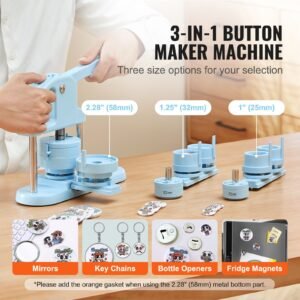 3 in 1 button maker, 1/1.25/2.28 inch(25/32/58mm) pin maker, 300pcs button parts, button maker machine with panda magic book, ergonomic arc handle punch press kit, for children diy gifts, blue