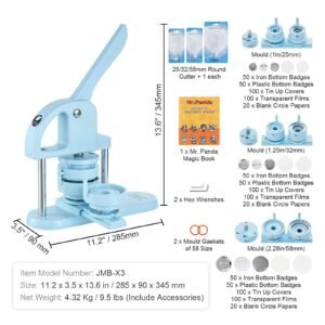 3 in 1 button maker, 1/1.25/2.28 inch(25/32/58mm) pin maker, 300pcs button parts, button maker machine with panda magic book, ergonomic arc handle punch press kit, for children diy gifts, blue