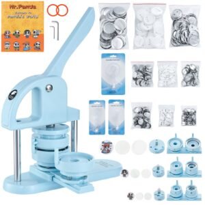 3-IN-1 Button Maker, 1/1.25/2.28 inch(25/32/58mm) Pin Maker, 300pcs Button Parts, Button Maker Machine with Panda Magic Book, Ergonomic Arc Handle Punch Press Kit, For Children DIY Gifts, Blue