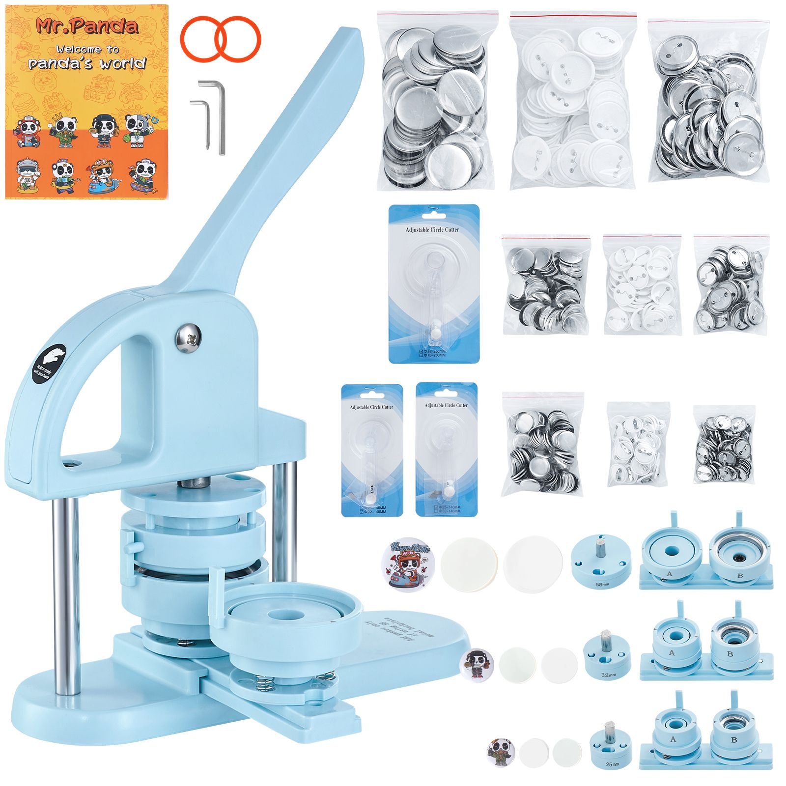 3 in 1 button maker, 1/1.25/2.28 inch(25/32/58mm) pin maker, 300pcs button parts, button maker machine with panda magic book, ergonomic arc handle punch press kit, for children diy gifts, blue