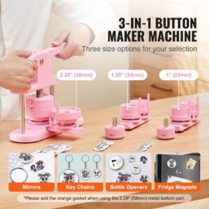 3 in 1 button maker, 1/1.25/2.28 inch(25/32/58mm) pin maker, 300pcs button parts,button maker machine with panda magic book, ergonomic arc handle punch press kit, for children diy gifts, pink