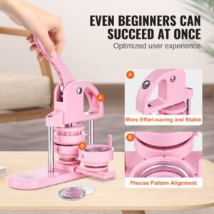 3 in 1 button maker, 1/1.25/2.28 inch(25/32/58mm) pin maker, 300pcs button parts,button maker machine with panda magic book, ergonomic arc handle punch press kit, for children diy gifts, pink