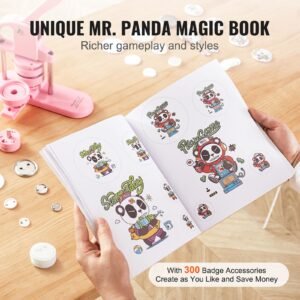 3 in 1 button maker, 1/1.25/2.28 inch(25/32/58mm) pin maker, 300pcs button parts,button maker machine with panda magic book, ergonomic arc handle punch press kit, for children diy gifts, pink