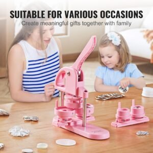 3 in 1 button maker, 1/1.25/2.28 inch(25/32/58mm) pin maker, 300pcs button parts,button maker machine with panda magic book, ergonomic arc handle punch press kit, for children diy gifts, pink