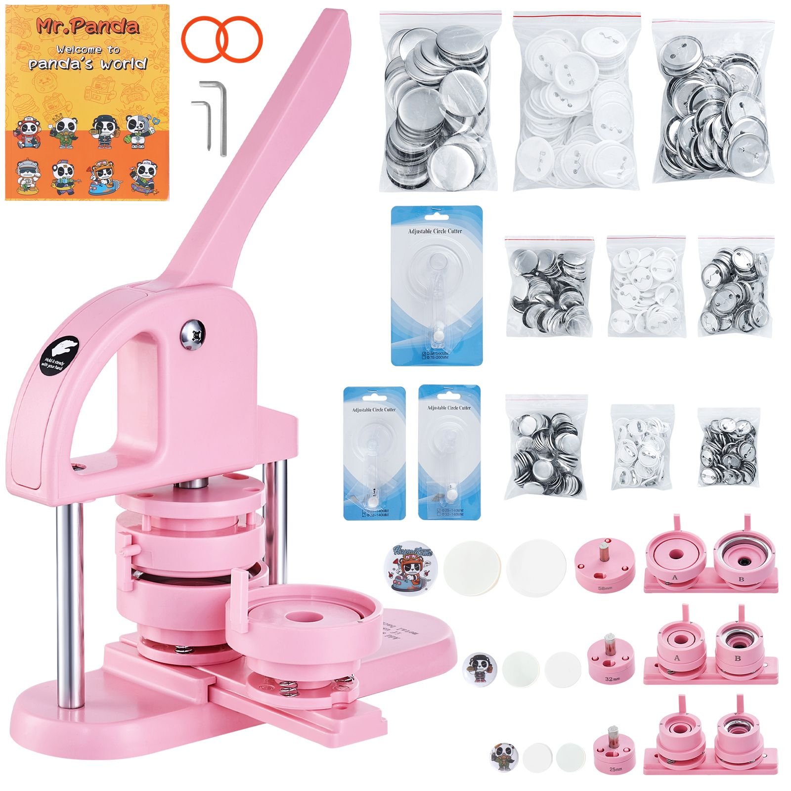 3 in 1 button maker, 1/1.25/2.28 inch(25/32/58mm) pin maker, 300pcs button parts,button maker machine with panda magic book, ergonomic arc handle punch press kit, for children diy gifts, pink