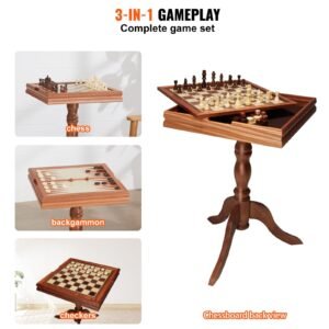 3 in 1 chess checkers backgammon table set, 18 inch premium wooden chess table, deluxe combo game table furniture set, chess set board game gift for family board games