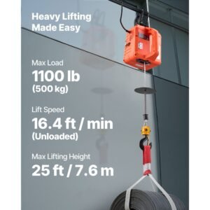 3 in 1 electric hoist winch, 1100 lbs capacity, 1500w portable electric power winch, 25 ft lifting height, 16.4 ft/min with manual, wired & wireless remote control for factory, warehouss, garage