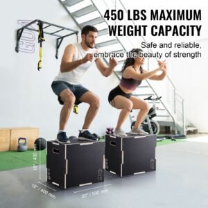3 in 1 plyometric jump box, 20/18/16 inch wooden plyo box, platform & jumping agility box, anti slip fitness exercise step up box for home gym training, conditioning strength training, black