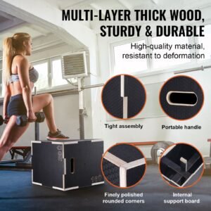 3 in 1 plyometric jump box, 20/18/16 inch wooden plyo box, platform & jumping agility box, anti slip fitness exercise step up box for home gym training, conditioning strength training, black