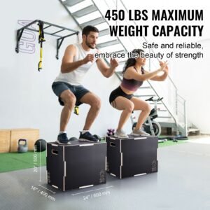 3 in 1 plyometric jump box, 24/20/16 inch wooden plyo box, platform & jumping agility box, anti slip fitness exercise step up box for home gym training, conditioning strength training, black