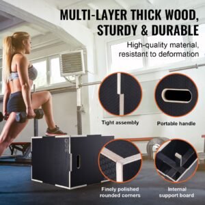 3 in 1 plyometric jump box, 30/24/20 inch wooden plyo box, platform & jumping agility box, anti slip fitness exercise step up box for home gym training, conditioning strength training, black