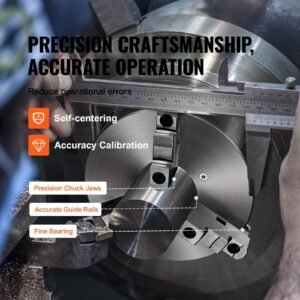 3 jaw lathe chuck, 10'', self centering lathe chuck, 0.24 9.84 in/6 250 mm clamping range with t key fixing screws hexagon wrench, for lathe 3d printer machining center milling drilling machine