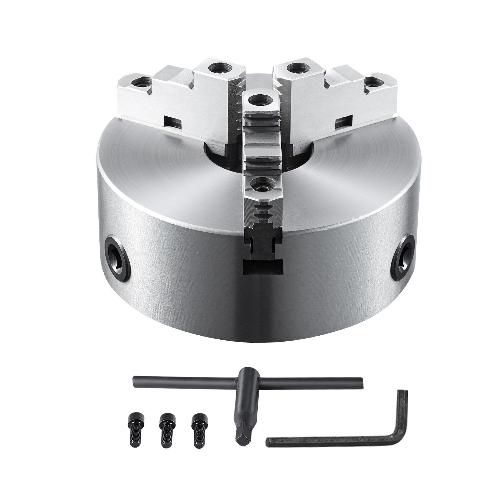 3 jaw lathe chuck, 10'', self centering lathe chuck, 0.24 9.84 in/6 250 mm clamping range with t key fixing screws hexagon wrench, for lathe 3d printer machining center milling drilling machine