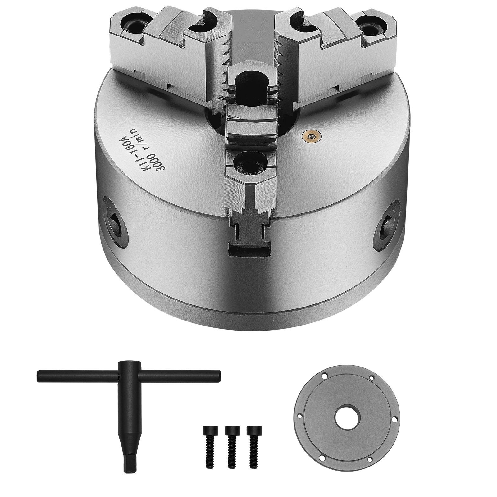 3 jaw lathe chuck, 6 inch (160 mm), self centering chuck with 1 1/2 in 8 threaded backing plate, 0.12 5.71 in (3 145 mm) clamping range with t wrench screws, ht300 material, for wood metal lathe