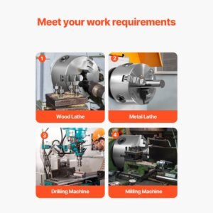 3 jaw lathe chuck, 6 inch (160 mm), self centering chuck with 1 1/2 in 8 threaded backing plate, 0.12 5.71 in (3 145 mm) clamping range with t wrench screws, ht300 material, for wood metal lathe