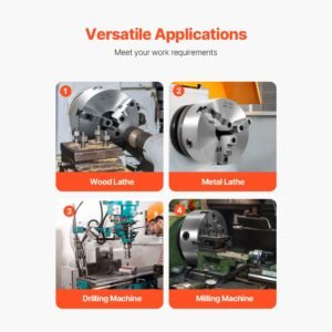 3 jaw lathe chuck, 8 inch (200 mm), self centering chuck with 2 1/4 in 8 threaded backing plate, 0.16 7.87 in (4 200 mm) clamping range with t wrench screws, ht300 material, for wood metal lathe