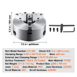 3 jaw lathe chuck, 8'', self centering lathe chuck, 0.16 8 in/4 200 mm clamping range with t key fixing screws hexagon wrench, for lathe 3d printer machining center milling drilling machine