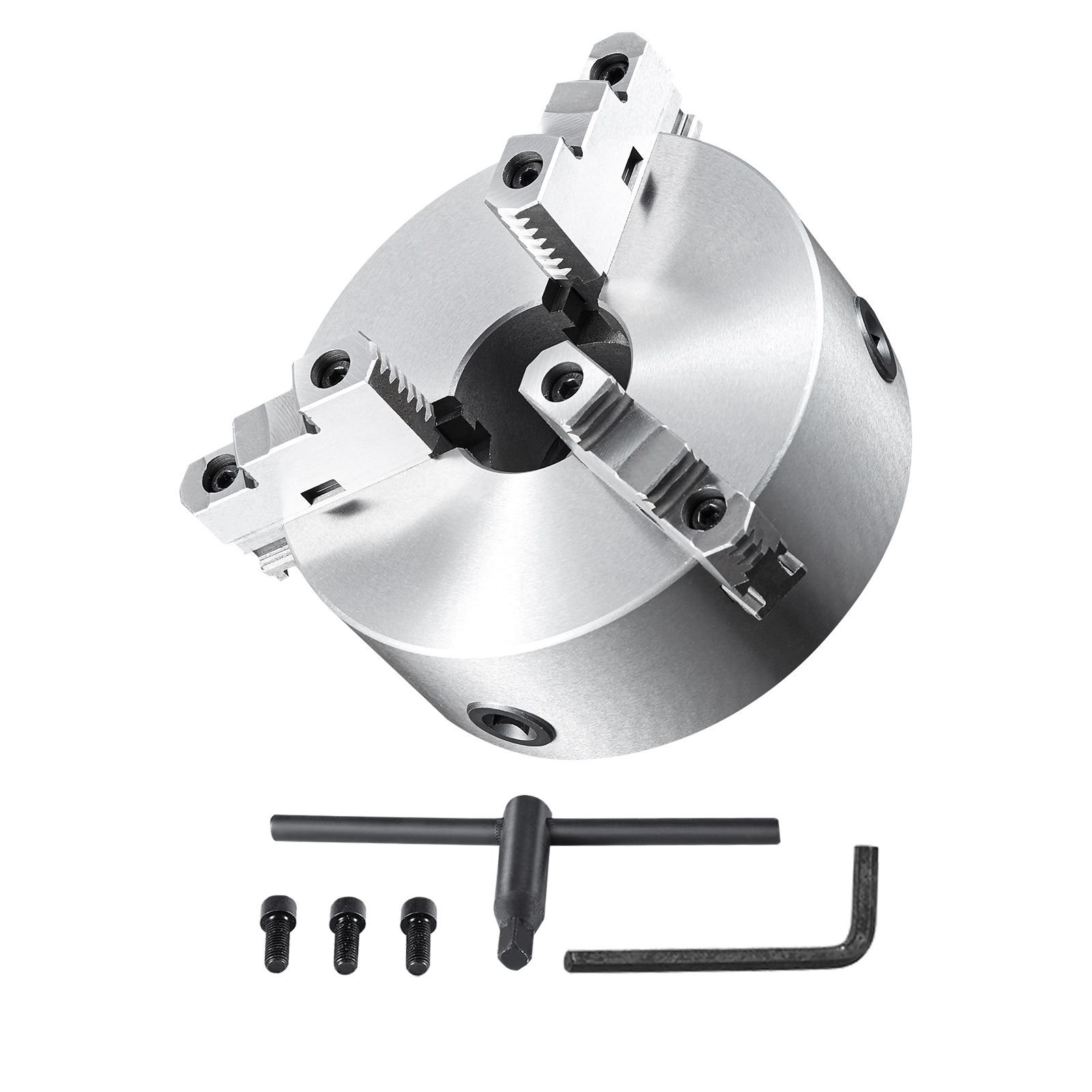 3 jaw lathe chuck, 8'', self centering lathe chuck, 0.16 8 in/4 200 mm clamping range with t key fixing screws hexagon wrench, for lathe 3d printer machining center milling drilling machine