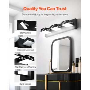 3 light led modern vanity light fixtures, 19.69 inch, black finish bathroom wall lighting fixture over mirror, with ip44 waterproof, for bathroom, living room, bedroom, hallway, cool white 6000k