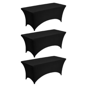 3 Pack Table Cloth for 6FT Rectangular Fitted Events, Wrinkle-Resistant Stretch Black Table Covers, Washable Spandex Tablecloth Protector, for Party, Wedding, Cocktail, Banquet, Festival