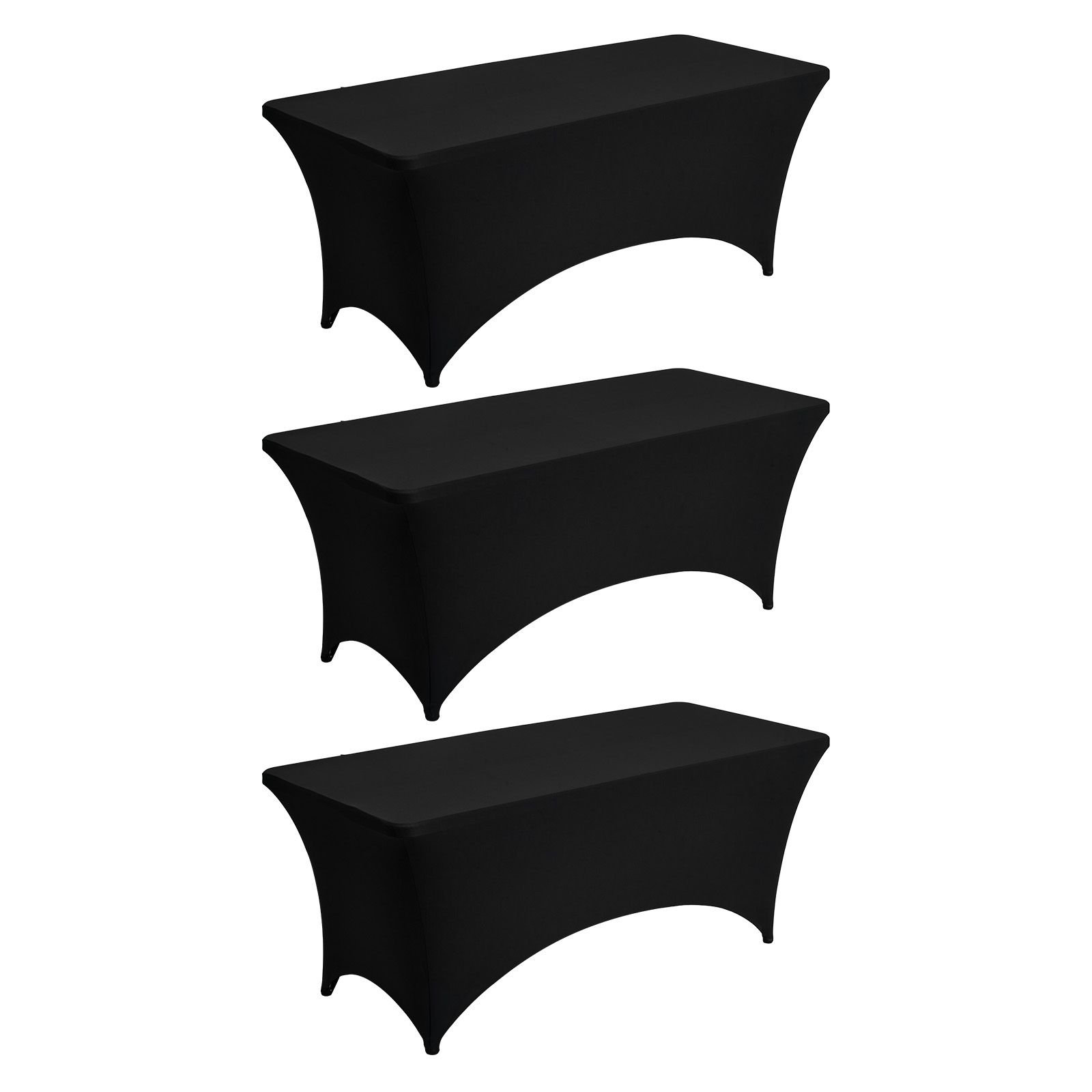 3 pack table cloth for 6ft rectangular fitted events, wrinkle resistant stretch black table covers, washable spandex tablecloth protector, for party, wedding, cocktail, banquet, festival