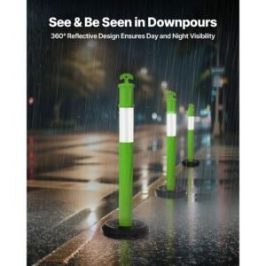 3 pack traffic delineator posts, 48 inches traffic safety cones with fillable base and reflective strips, heavy duty delineator posts for construction site, parking lot, crowd control, green