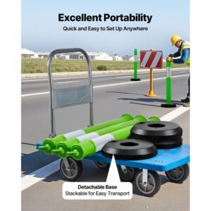 3 pack traffic delineator posts, 48 inches traffic safety cones with fillable base and reflective strips, heavy duty delineator posts for construction site, parking lot, crowd control, green