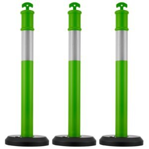 3 Pack Traffic Delineator Posts, 48 inches Traffic Safety Cones with Fillable Base and Reflective Strips, Heavy Duty Delineator Posts for Construction Site, Parking Lot, Crowd Control, Green