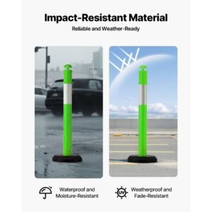 3 pack traffic delineator posts, 48 inches traffic safety cones with fillable base and reflective strips, heavy duty delineator posts for construction site, parking lot, crowd control, green