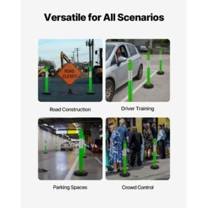 3 pack traffic delineator posts, 48 inches traffic safety cones with fillable base and reflective strips, heavy duty delineator posts for construction site, parking lot, crowd control, green