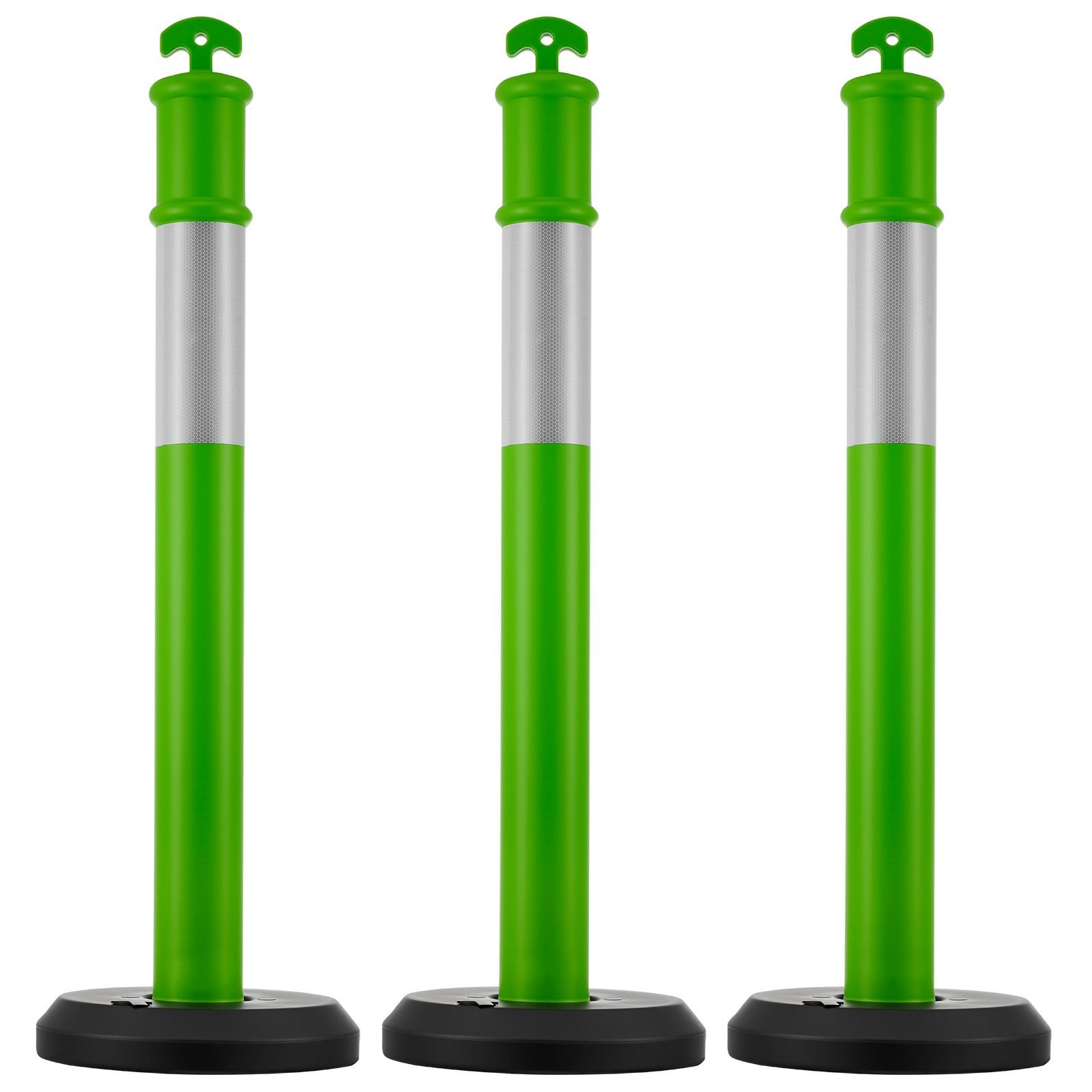 3 pack traffic delineator posts, 48 inches traffic safety cones with fillable base and reflective strips, heavy duty delineator posts for construction site, parking lot, crowd control, green