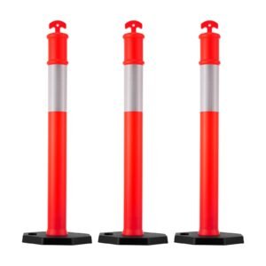 3 Pack Traffic Delineator Posts, 48 inches Traffic Safety Cones with Weighted Base and Reflective Strips, Heavy Duty Delineator Posts for Construction Site, Parking Lot, Crowd Control, Red