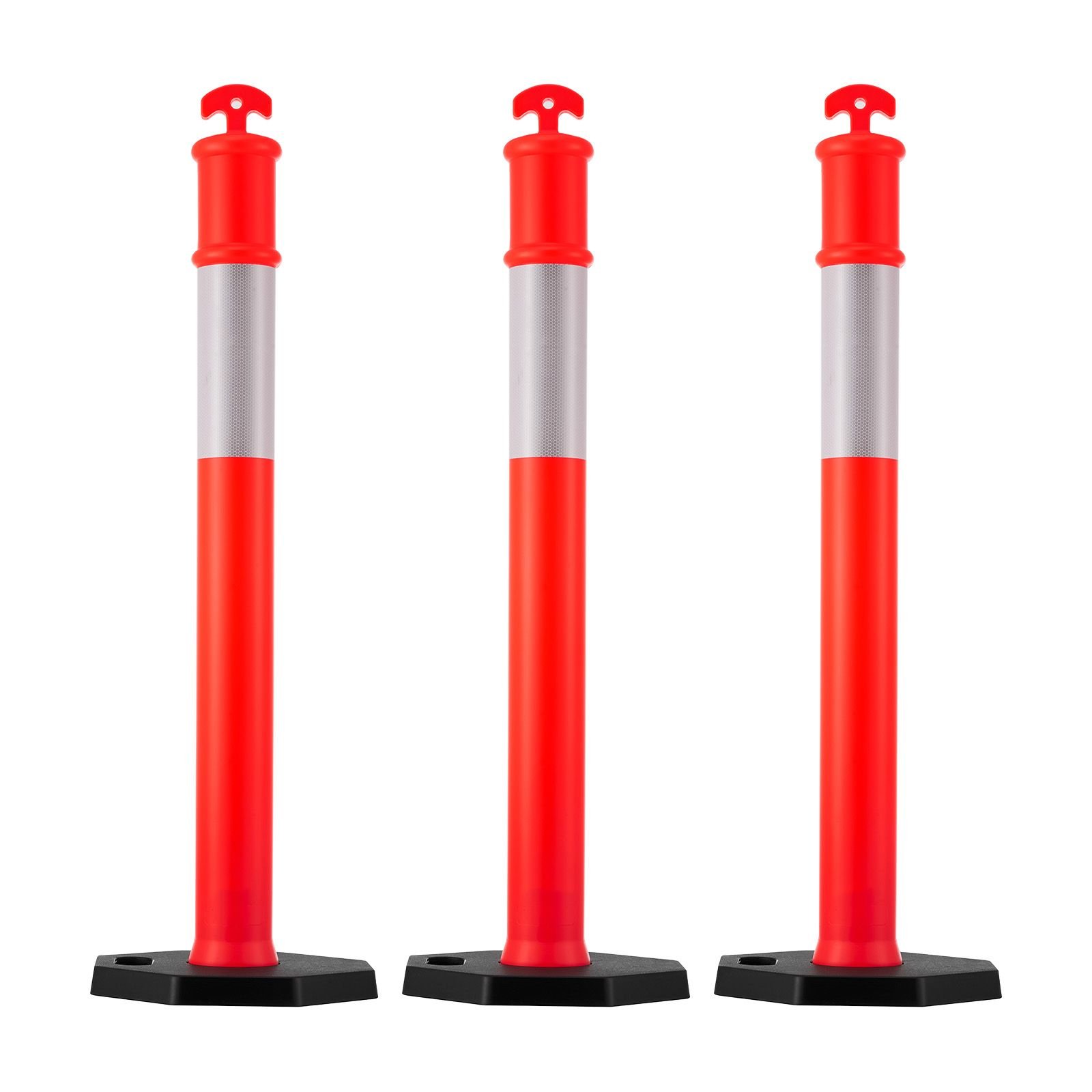 3 pack traffic delineator posts, 48 inches traffic safety cones with weighted base and reflective strips, heavy duty delineator posts for construction site, parking lot, crowd control, red