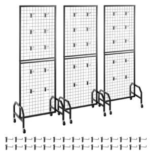 3 Packs Grid Wall Panels, 1.9 x 5.4 ft Wire Grid Panels Display Rack, Movable Art Display Shelf with Wheels and 30 Hooks, Black Carbon Steel Gridwall for Craft Show, Decor, Storage, Notice Board