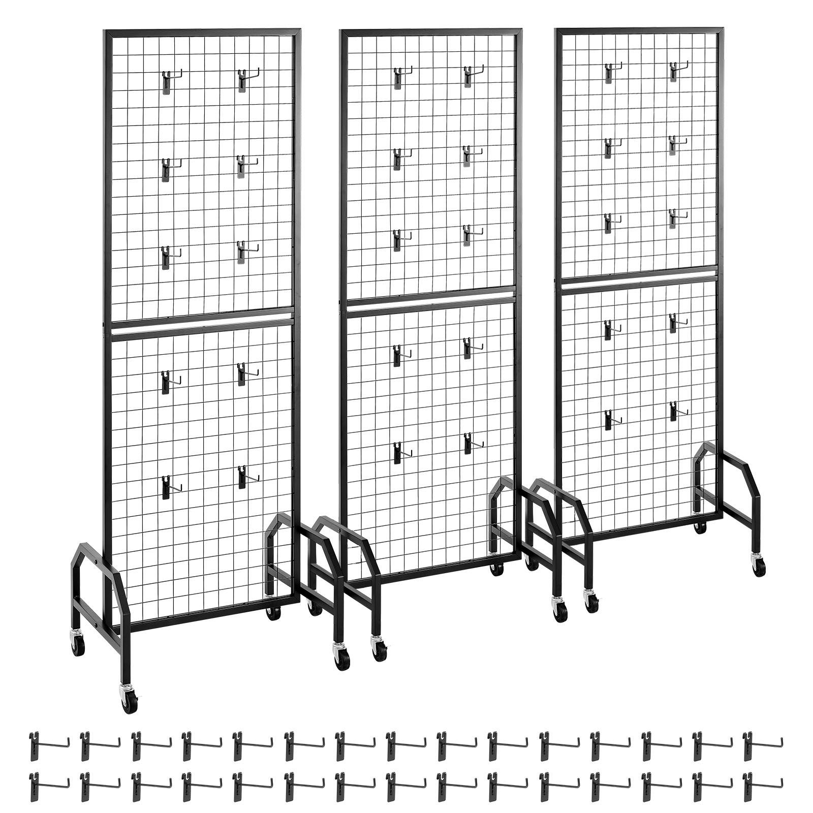 3 packs grid wall panels, 1.9 x 5.4 ft wire grid panels display rack, movable art display shelf with wheels and 30 hooks, black carbon steel gridwall for craft show, decor, storage, notice board