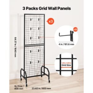 3 packs grid wall panels, 1.9 x 5.4 ft wire grid panels display rack, movable art display shelf with wheels and 30 hooks, black carbon steel gridwall for craft show, decor, storage, notice board