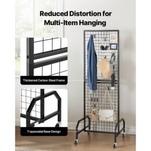 3 packs grid wall panels, 1.9 x 5.4 ft wire grid panels display rack, movable art display shelf with wheels and 30 hooks, black carbon steel gridwall for craft show, decor, storage, notice board