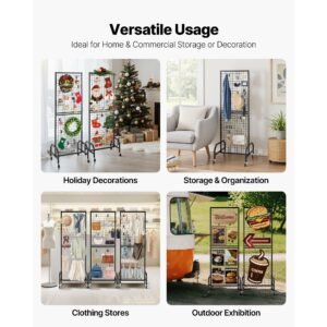 3 packs grid wall panels, 1.9 x 5.4 ft wire grid panels display rack, movable art display shelf with wheels and 30 hooks, black carbon steel gridwall for craft show, decor, storage, notice board