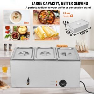 3 pan commercial food warmer, 17.4qt electric steam table, 1200w professional countertop stainless steel buffet bain marie with 86 185 fahrenheit temp control, silver
